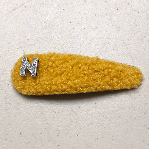 3” Mustard fluff initialed snap clip