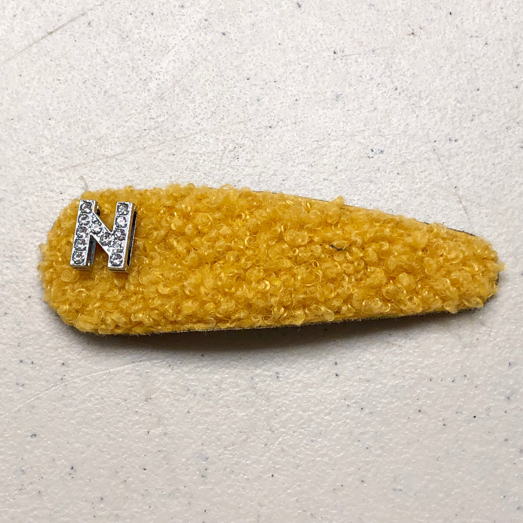 3” Mustard fluff initialed snap clip